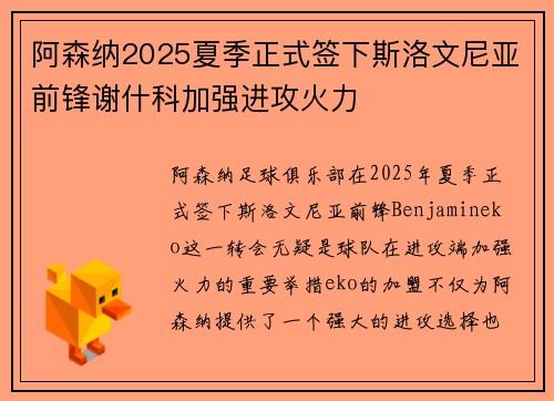 阿森纳2025夏季正式签下斯洛文尼亚前锋谢什科加强进攻火力